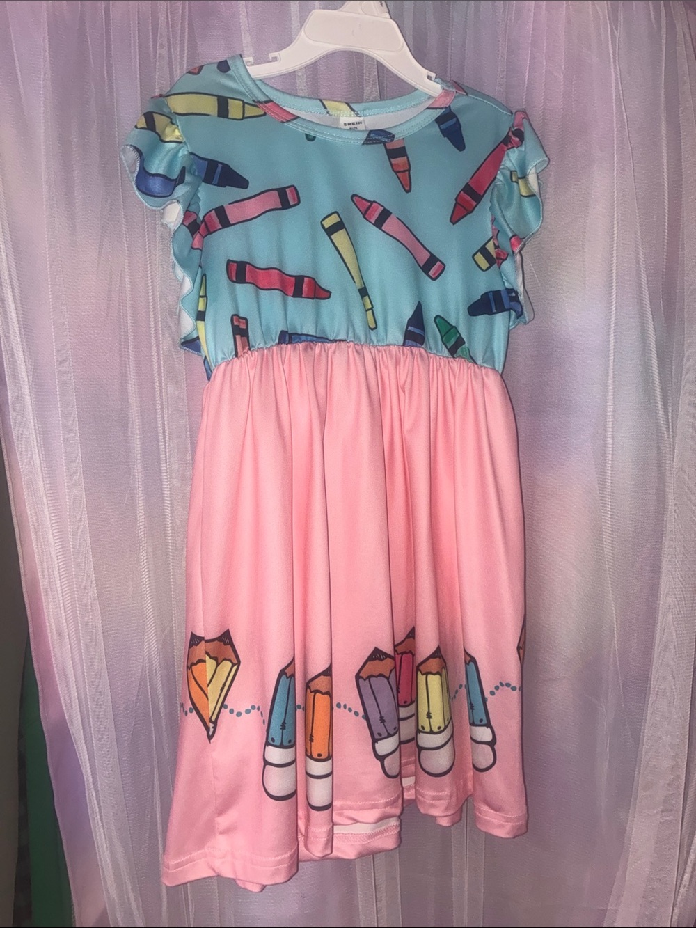 SHEIN Blue & Pink Crayon Print Girls Dress